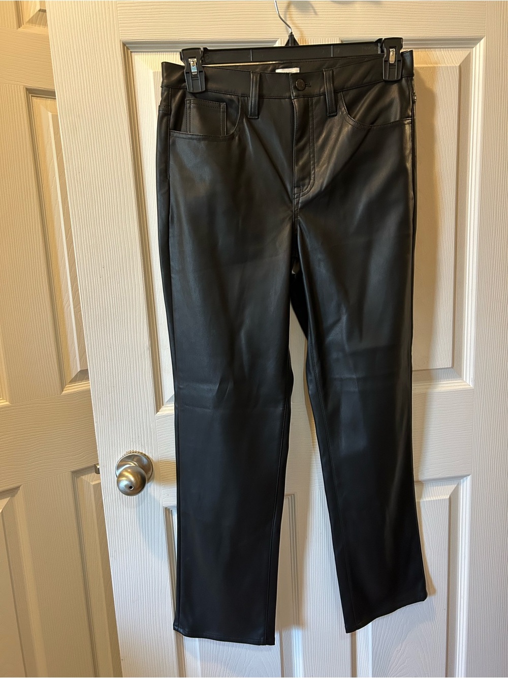 J. Crew Size 29 Black Straight Faux Leather Pants 5 Pockets 28 Inch Inseam NWT